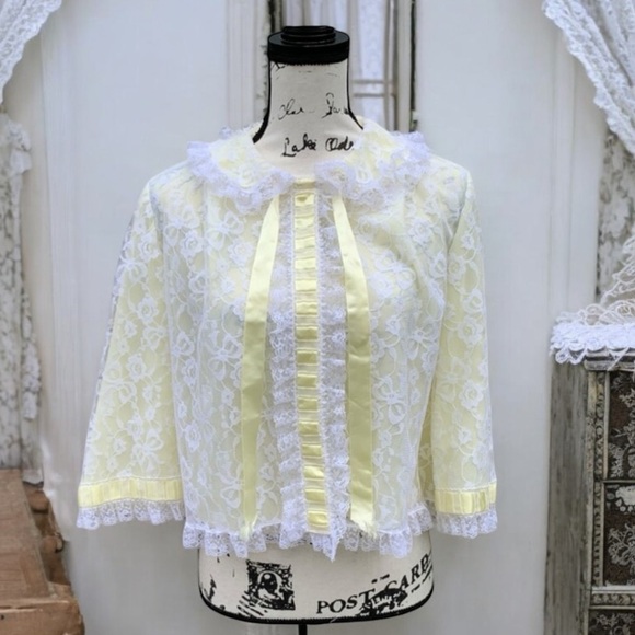 Vintage Odette Barsa Bed Jacket Yellow and White Lace - Picture 1 of 11
